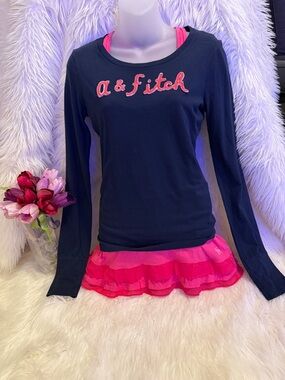 Girls' Navy Long Sleeve Tee with Pink Logo